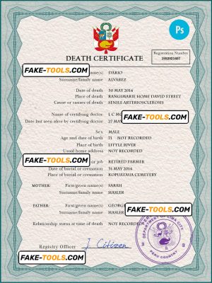 Peru death certificate PSD template, completely editable