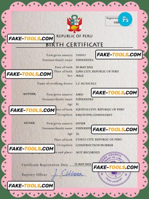 Peru vital record birth certificate PSD template, fully editable