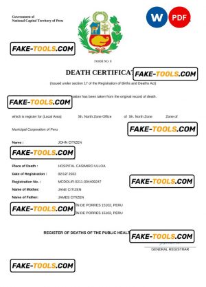 Peru vital record death certificate Word and PDF template