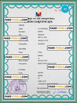 Philippines birth certificate PSD template, completely editable