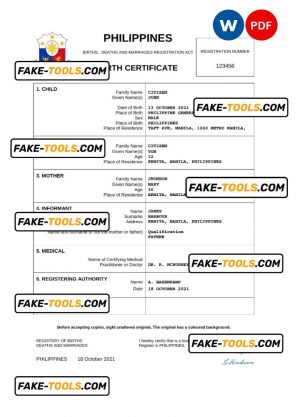 Philippines vital record birth certificate Word and PDF template, completely editable