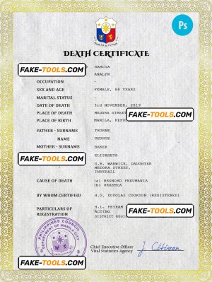 Philippines vital record death certificate PSD template, completely editable