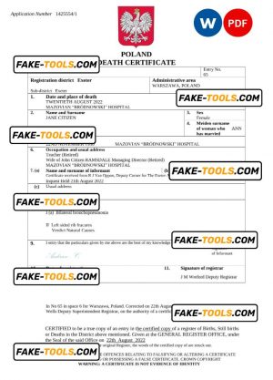 Poland death certificate Word and PDF template, completely editable