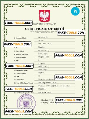 Poland vital record birth certificate PSD template