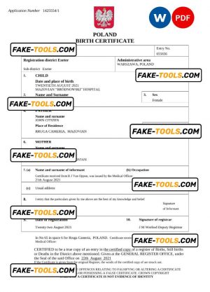 Poland vital record birth certificate Word and PDF template, completely editable