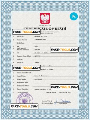 Poland vital record death certificate PSD template, fully editable
