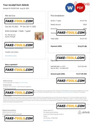 Portugal Airbnb booking confirmation Word and PDF template