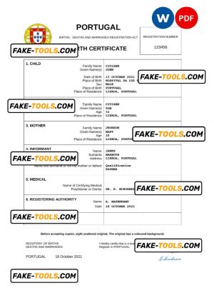 Portugal birth certificate Word and PDF template, completely editable