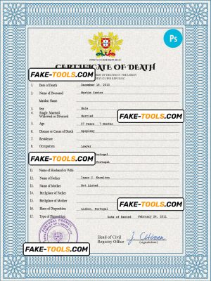 Portugal death certificate PSD template, completely editable