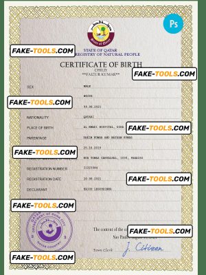Qatar birth certificate PSD template, completely editable