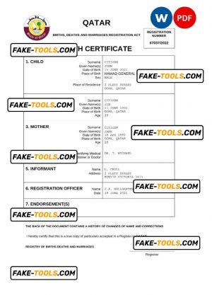 Qatar vital record birth certificate Word and PDF template, completely editable