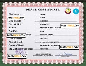 Qatar vital record death certificate PSD template