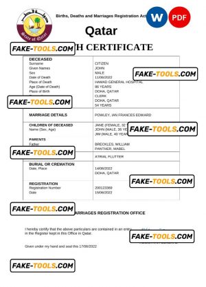 Qatar vital record death certificate Word and PDF template