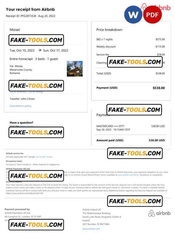 Romania Airbnb booking confirmation Word and PDF template