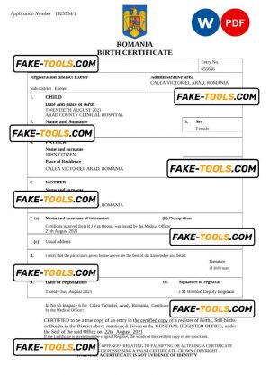 Romania birth certificate Word and PDF template, completely editable