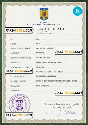 Romania death certificate PSD template, completely editable