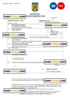 Romania vital record death certificate Word and PDF template