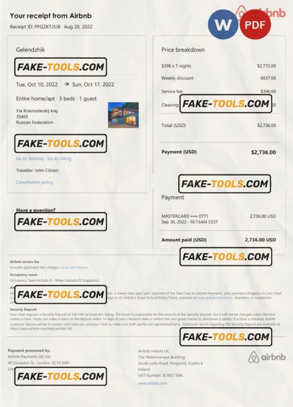 Russia Airbnb booking confirmation Word and PDF template Scan effect