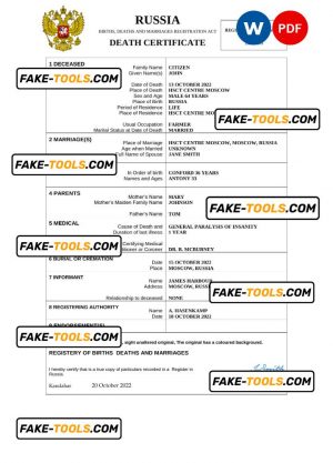 Russia death certificate Word and PDF template, completely editable