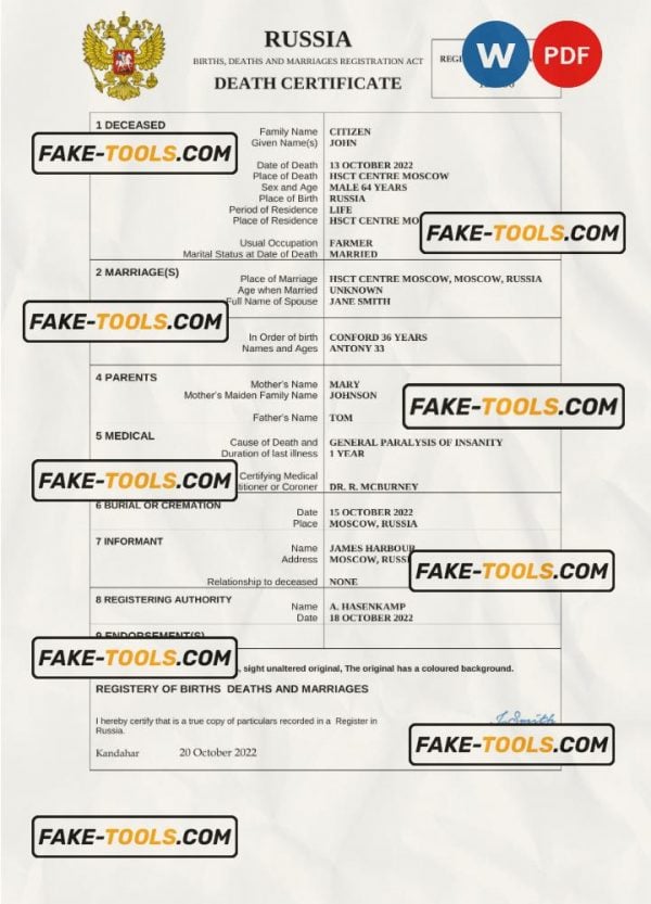 Russia death certificate Word and PDF template, completely editable