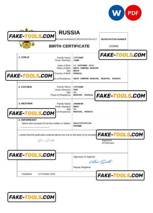 Russia vital record birth certificate Word and PDF template, completely editable