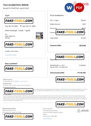 Rwanda Airbnb booking confirmation Word and PDF template