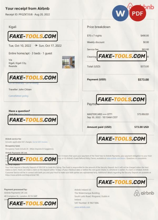 Rwanda Airbnb booking confirmation Word and PDF template Scan effect