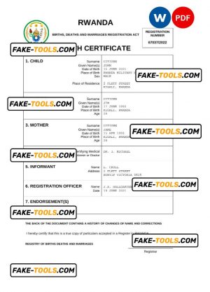 Rwanda birth certificate Word and PDF template, completely editable