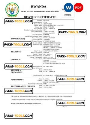 Rwanda vital record death certificate Word and PDF template