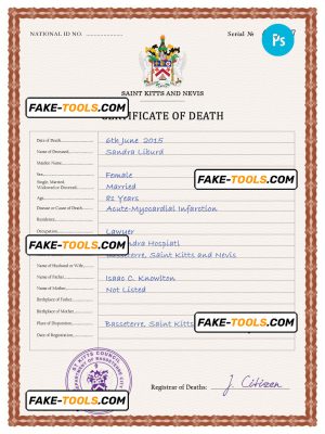 Saint Kitts and Nevis death certificate PSD template, completely editable