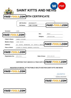 Saint Kitts and Nevis vital record birth certificate Word and PDF template, completely editable