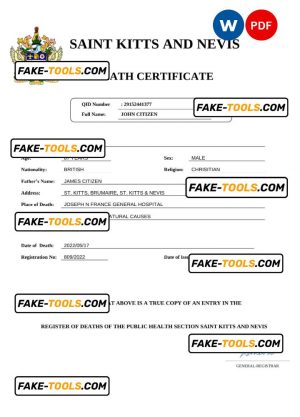 Saint Kitts and Nevis vital record death certificate Word and PDF template