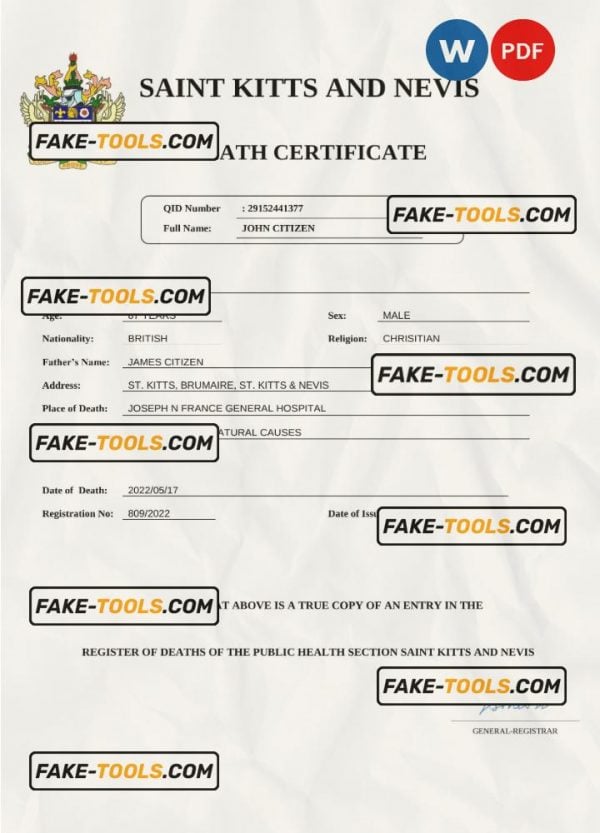 Saint Kitts and Nevis vital record death certificate Word and PDF template