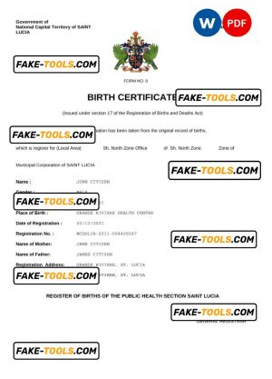 Saint Lucia birth certificate Word and PDF template, completely editable