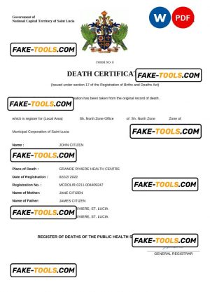 Saint Lucia death certificate Word and PDF template, completely editable