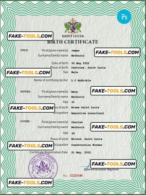 Saint Lucia vital record birth certificate PSD template, fully editable