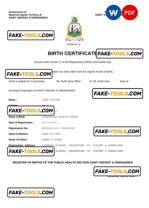 Saint Vincent & Grenadines vital record birth certificate Word and PDF template, completely editable