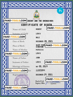 Saint Vincent and the Grenadines birth certificate PSD template, completely editable