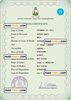 Saint Vincent and the Grenadines death certificate PSD template, completely editable