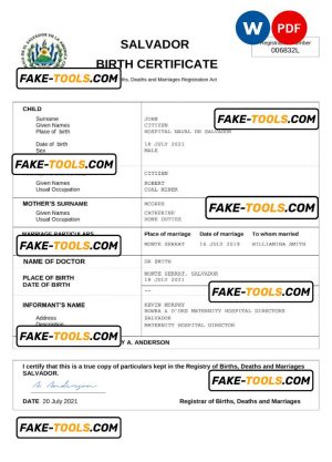 Salvador birth certificate Word and PDF template, completely editable