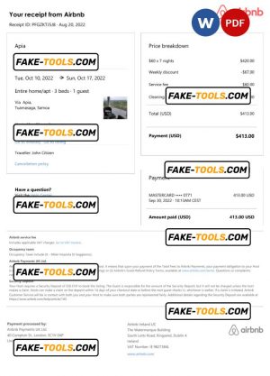 Samoa Airbnb booking confirmation Word and PDF template