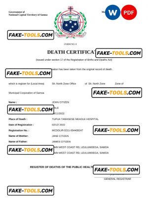 Samoa death certificate Word and PDF template, completely editable