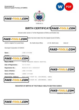 Samoa vital record birth certificate Word and PDF template, completely editable