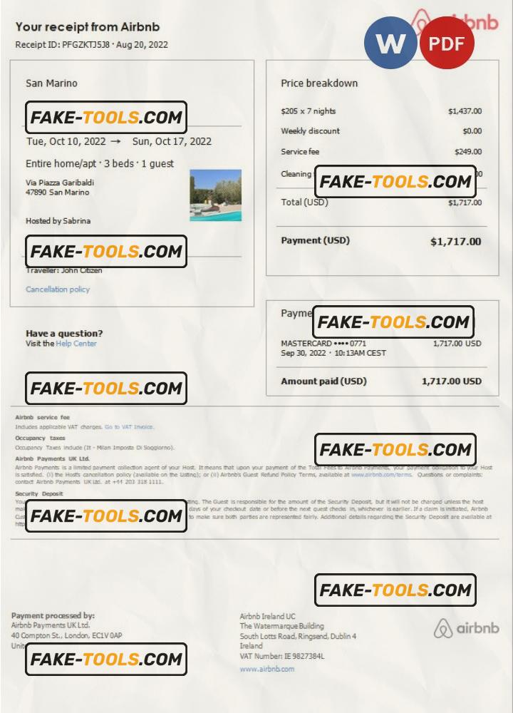 San Marino Airbnb booking confirmation Word and PDF template scan effect