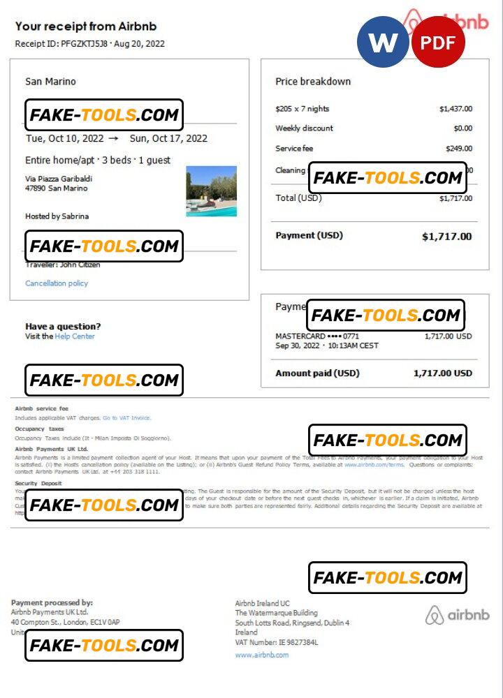 San Marino Airbnb booking confirmation Word and PDF template