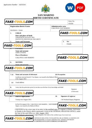 San Marino birth certificate Word and PDF template, completely editable