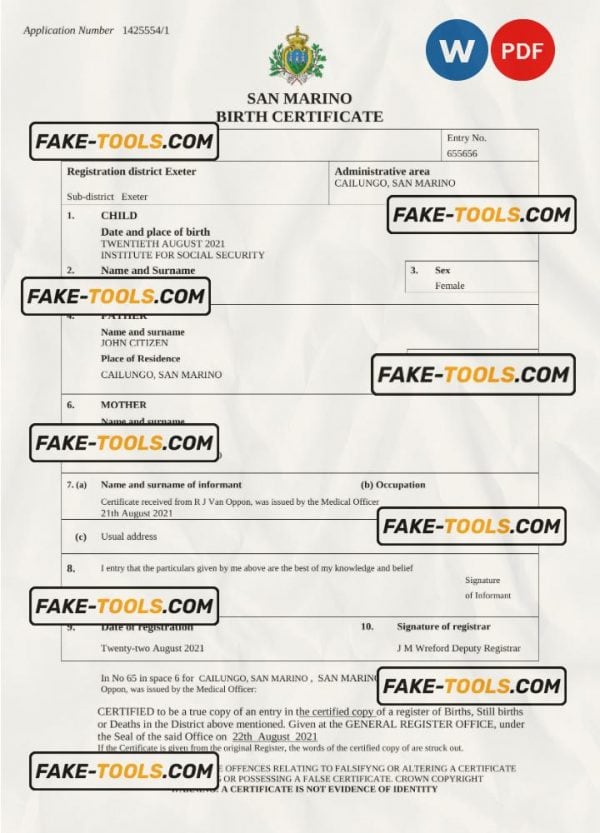 San Marino birth certificate Word and PDF template, completely editable