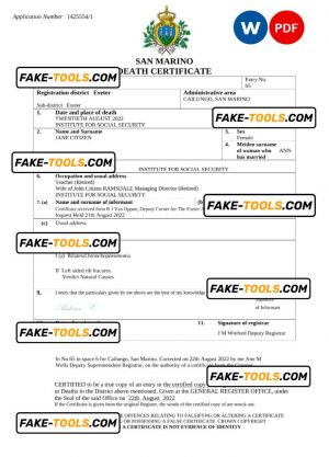 San Marino death certificate Word and PDF template, completely editable