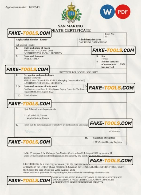 San Marino death certificate Word and PDF template, completely editable