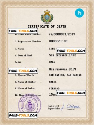San Marino vital record death certificate PSD template, fully editable